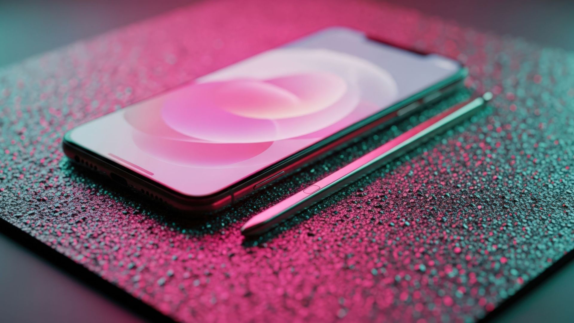 Smartphone and stylus on wet surface. Modern technology. Design.